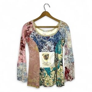 Lee Andersen 90s Y2K Boho Patchwork Bell Sleeve Artsy Eclectic Top Women’s Small